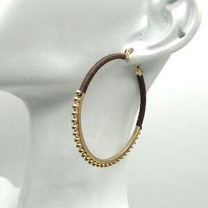 Large Gold-tone Beaded Brown Threaded Hoop Earrings NWOT